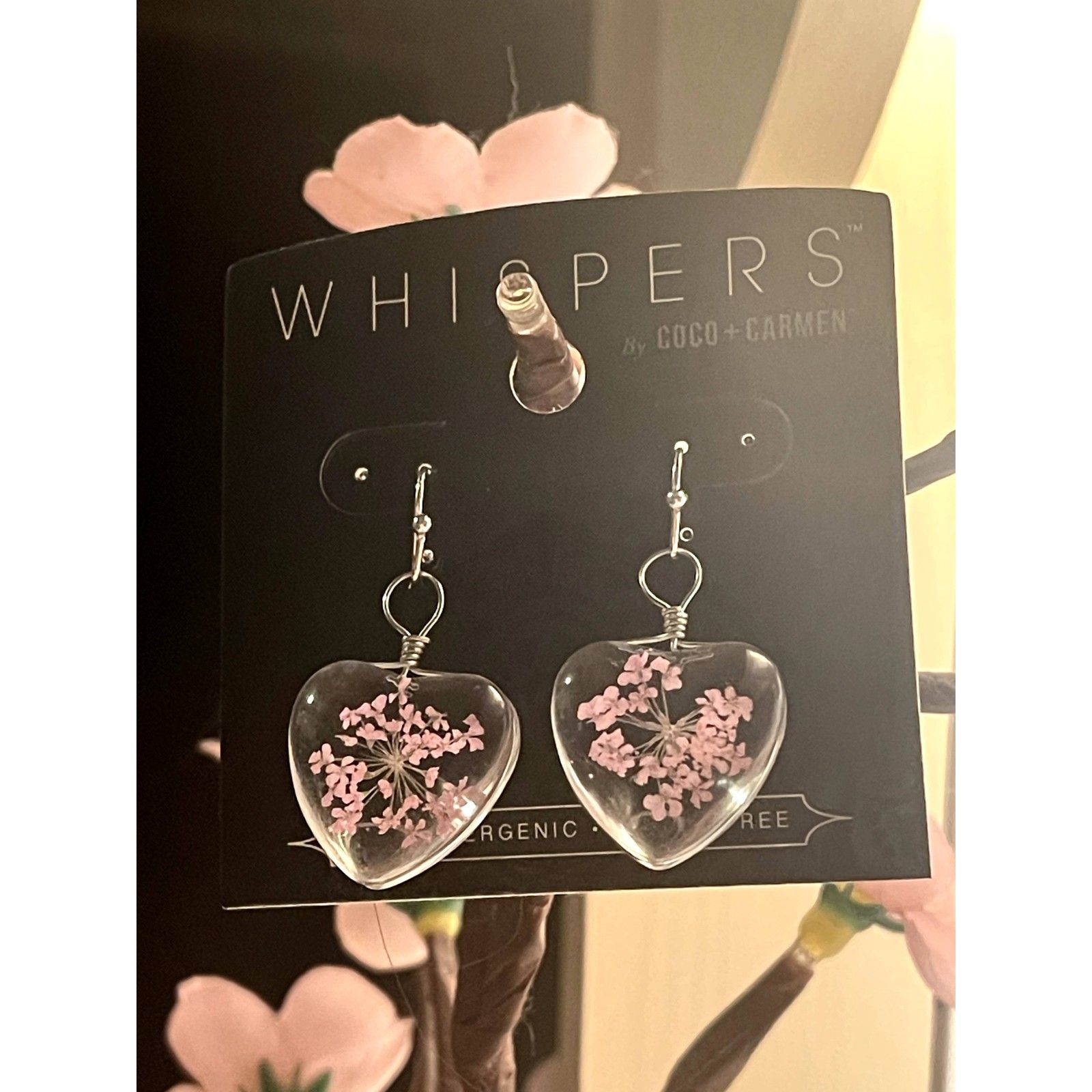 Pink Dried Flower Heart Earrings